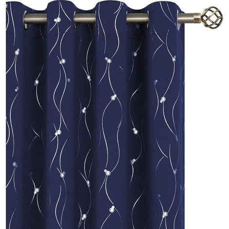 Rideaux occultants bleu marine, 2 panneaux, œillets, isolants thermiques, imprimés de lignes ondulées et de pois, pour chambre à coucher (52 x 84 pouces) (1/5)