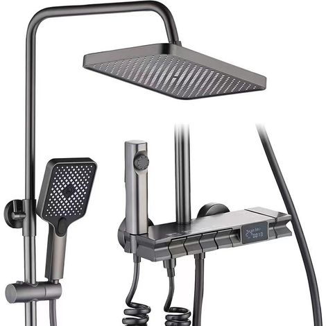 Duschsystem mit Thermostat, quadratischem Duschkopf, 4 Strahlarten, höhenverstellbar, mit LED-Anzeige (1/5)
