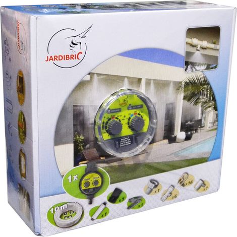 Jardibric – Kit de brumisation fixe 10m – Temporisateur, filtre, purge, 16 colliers, connecteurs – Pour espaces extérieurs
