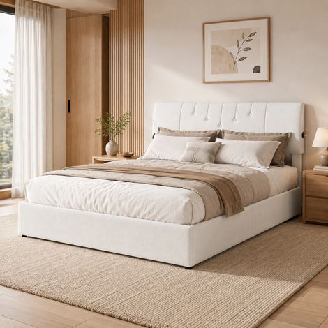 Lit coffre 160x200 cm avec sommier relevable, lit double adulte capitonné en tissu blanc, tête de lit réglable en hauteur avec ports USB-C et USB, grand espace de rangement hydraulique, cadre de lit m
