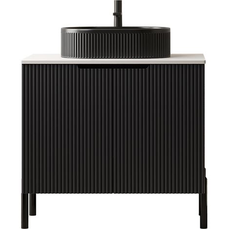 Mueble de baño con lavabo cerámico ovalado negro de 76 cm y encimera de piedra sinterizada (1/4)