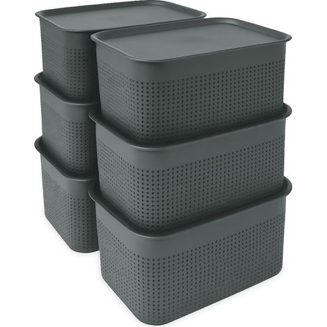 Relaxdays Bac de rangement, lot de 6, avec couvercle, plastique, 5 litres, H x L x P : 13 x 26,5 x 19 cm, gris