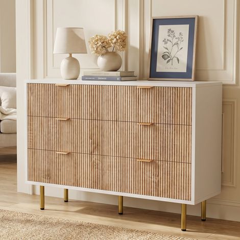 Commode 6 tiroirs, commode 100 cm, commode chambre, design strié bois et blanc, pieds dorés, meuble de rangement, pour chambre, salon, entrée, style scandinave, Chêne clair (1/5)