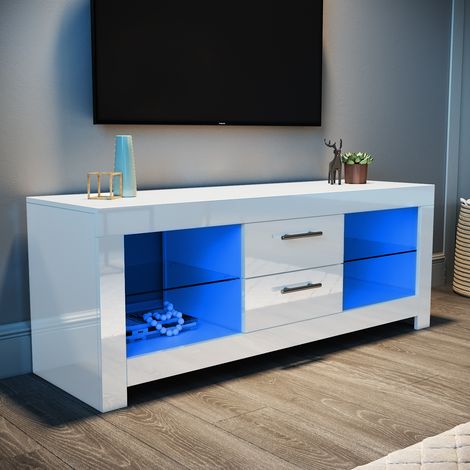 ELEGANT TV Stand White Modern TV Cabinet with LED Light 1300mm MFC High Gloss TV Entertainment Unit Living Room Bedroom Furniture with Storages and Shelves