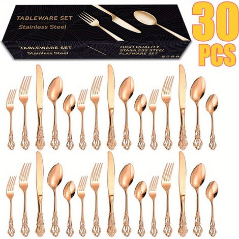 Ménagère 30 Pièces Rose Gold en Acier Inoxydable, Motif Relief Vintage, Service de Couverts pour 6 Personnes (1/5)