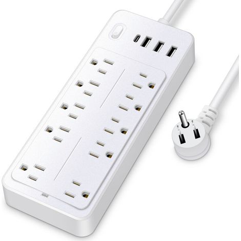 Multiprise parafoudre 14-en-1 avec 10 prise AC 3 USB 1 Type-C cordon 3.9ft ABS protecteur automatique noir/white 900 joules 2000W