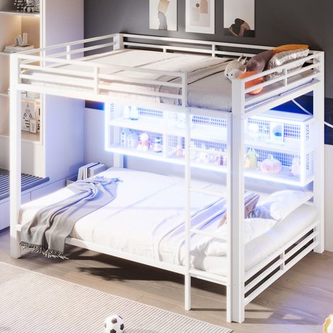 Etagenbett 140x200 cm Weiß aus Metall mit 6 Stauraumschränken, LED-Licht und Schutzgittern (1/5)