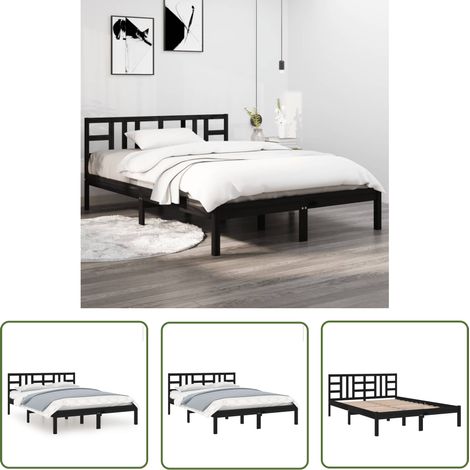 SKM Cadre de lit Noir Bois massif 140x190 cm (1/5)