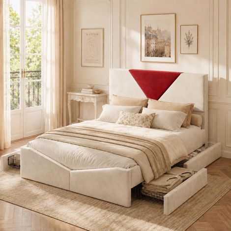 Lit double 140x190 cm avec 4 tiroirs, Lit adulte de rangement et sommier à lattes, Structure rembourrée en velours géométrique, Beige et Rouge (1/5)