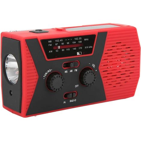 Radio d'urgence solaire à manivelle (FM, AM, radio météo NOAA) avec lampe torche et chargeur de téléphone portable.