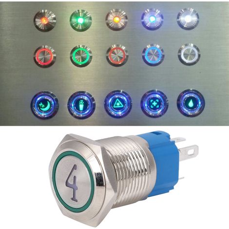 Lot de 2 interrupteurs à bouton-poussoir métalliques à 5 broches, tête plate de 16 mm, réarmement automatique avec voyant lumineux, 43-6 V CC, vert (1/5)
