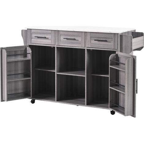 Küchenwagen 139 cm Grau mit Marmoroptik-Arbeitsplatte und Türen mit Regalböden (1/5)