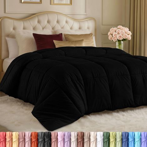 Couette Toutes Saisons 250 g/m² – Couette en Fibre siliconée en Peluche pour Grand lit – Coutures carrées (lit Double/Grand lit, Noir) (1/5)