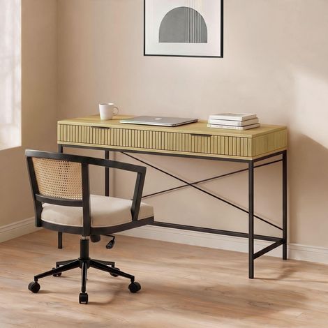 Wisbech Brown Desk & Nola Rattan Black Swivel Chair Set (1/5)