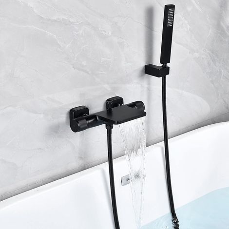 SJQKA Wandmontierter Wasserfall-Badewannenarmatur Schwarz, Wandmontierter Wasserfall-Badewannenmischer Heiß- und Kaltmessing-Badewannenmischer (Schwarz + Handbrause) (1/5)