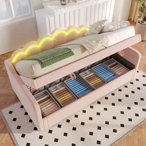 Letto contenitore 90x200 cm con sollevamento idraulico e LED, in velluto, rosa, senza materasso (1/5)