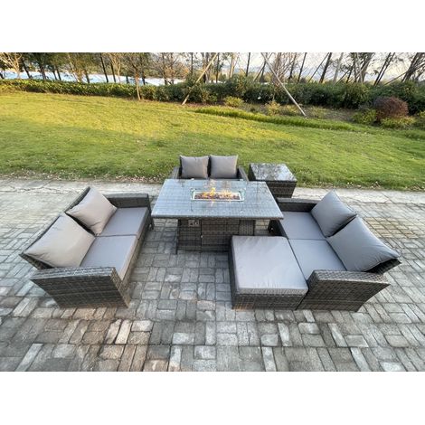 Fimous Outdoor Garden Dining Sets 7 Seater Rattan Patio Furniture Sofa Set with Gas Firepit Table Double Seat Sofa Big Footstool Side Table Dark Grey Mixed