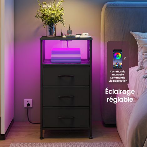 Table de Chevet avec Éclairage LED et Multiprise, 3 Tiroirs et 1 Compartiment Ouvert, Noir