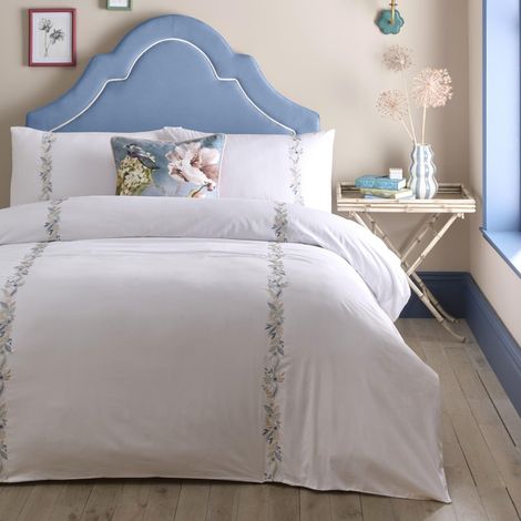 Housse de Couette Blanche brodée Florale - Lit Double (200 x 200 cm) - Doux 200 Fils au Pouce carré - 100% Coton Naturel - 2 taies d'oreiller - Parure de lit Blanche avec Broderie (1/4)
