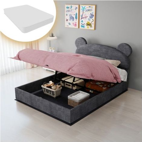 Lit Coffre 140x200 Velours Gris - Lit Capitonné - Tête de Lit Oreilles Avec Matelas Inclus Design Mignon Pour Enfant Grand Rangement (1/5)