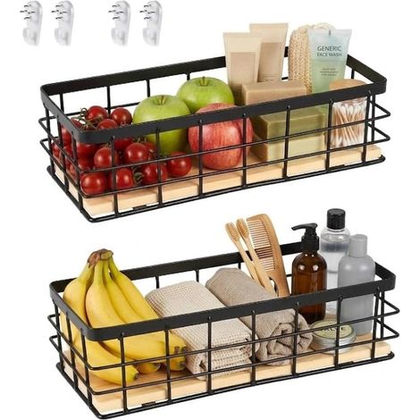 Lot de 2 corbeilles en métal noir - Panier décoratif pour la maison, la salle de bain - Base en bois- Pour fruits, collations, cuisine, garde-manger (1/5)