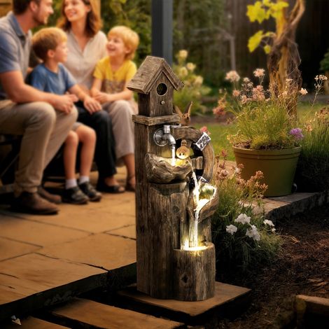 Fuente de Cascada 2 en 1 con Casita para Pájaros con Luces LED y Bomba Característica de Jardín con Troncos Multicolor (1/5)