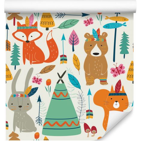 Papel pintado con divertidos animales del bosque para salón y dormitorio, 50x1000 cm. (1/5)