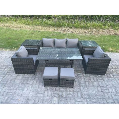 Fimous Outdoor Garden Furniture Set Patio Rattan Rectangular Dining Table Lounge Sofa Chair with 2 Side Table 2 Small Stools Dark Grey Mixed (1/5)