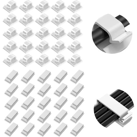 Câble Management, Lot de 50 Clips adhésifs pour câbles Lumineux, Clips Câbles, Adhésifs Clips Câble, Clips Rangement de Câble, Attache Câble Auto Collant, pour TV, PC, ordinateur portable, blanc (1/5)