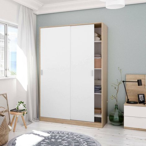 Dmora – Armoire 2 portes coulissantes avec 4 étagères – Dimensions 120x50x200 cm – Bois lamellé chêne et blanc – Design vintage moderne (1/7)