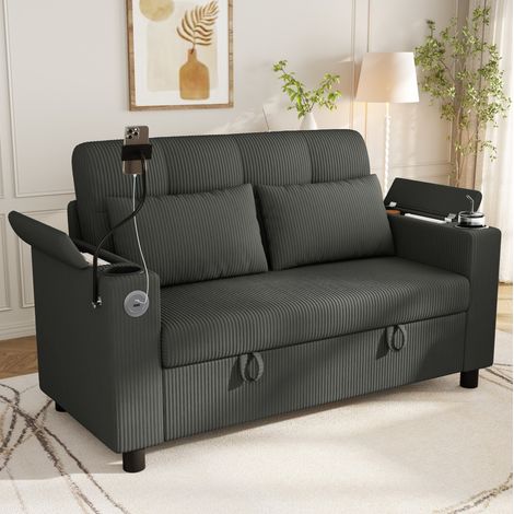Canapé 2 places en velours côtelé gris avec rangements dans les accoudoirs et sous l’assise, ports USB et Type-C, porte-téléphone, porte-gobelets et 2 coussins – CHICFURN (1/5)