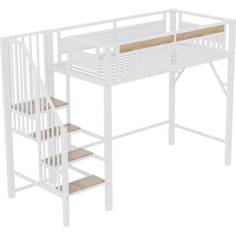 Metall-Hochbett 90 x 200 cm weiß mit Sicherheitstreppe und Fenster (1/5)