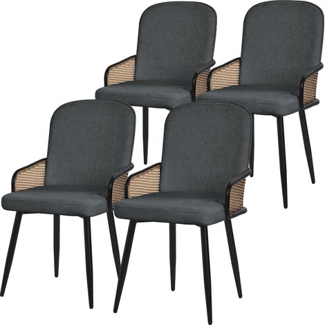 ML-Design Set di 4 Sedie da Sala Pranzo Antracite con Rivestimento in Tessuto, Gambe in Metallo, con Braccioli Effetto Rattan, Poltrona Imbottita, Poltroncina Ergonomica da Soggiorno e Cucina