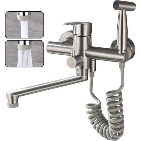 Robinet mural de cuisine en acier inoxydable 304 – Finition nickel brossé – Pistolet haute pression – Rotation 360° – Système d'économie d'eau-Chrom (1/5)