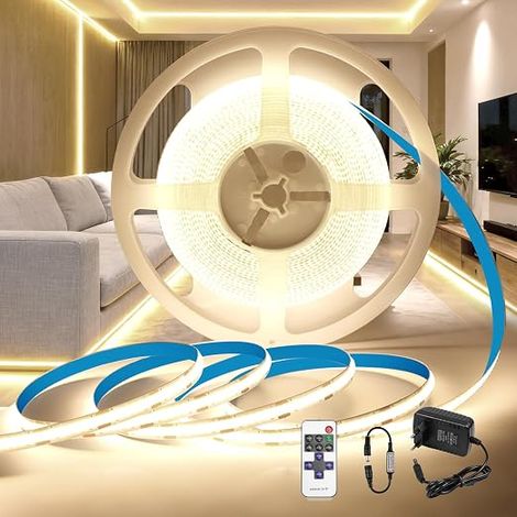 Ruban LED COB 5M 24V Autocollant Bande LED COB 4000K Blanc Naturel Découpable 320LED/M Flexible avec Alimentation et Télécommande Largeur 8mm Intérieur Eclairage pour Chambre (1/5)