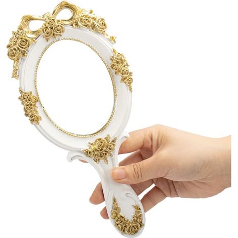 Miroir de poche, miroir de maquillage, miroir cosmétique de voyage en métal style princesse, miroir décoratif portable en relief (blanc) (1/4)