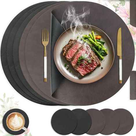 Set de table lavable antidérapant, lot de 6 en cuir PU double face, 36x36cm, marron foncé et noir. (1/5)
