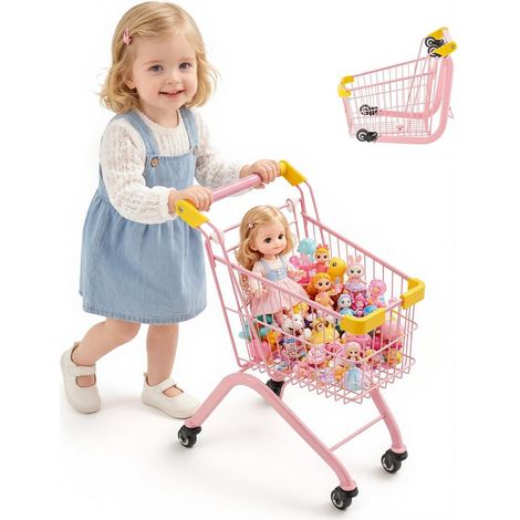 Chariot de Courses Enfant Caddie Jouet Pliable en Acier au Carbone Panier 17L Roues Pivotantes Rose (1/5)