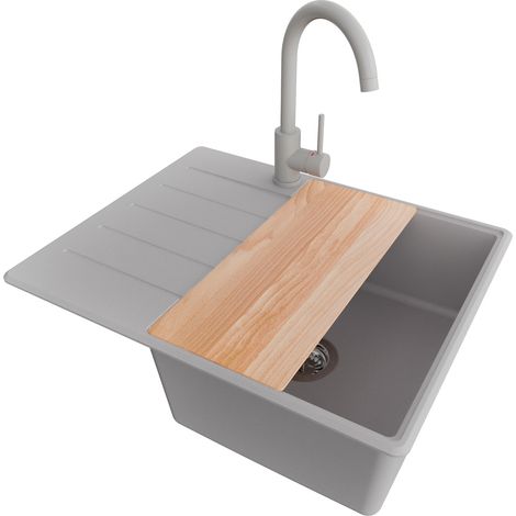 PRIMAGRAN Evier Cuisine en Granit 62x50cm, Lavabo 1 bac + Robinet 32x20cm + Kit de Vidage + Accessoire, Évier à Encastrer au meuble 45cm - Copenhague, Gris (1/5)