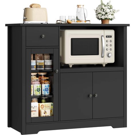 Küchenschrank 90×82×40 cm mit Arbeitsplatte, Sideboard Küche mit Mikrowellenregal, Buffetschrank mit 1 Schublade und 3 Türen, verstellbare Ablagen, Schwarz