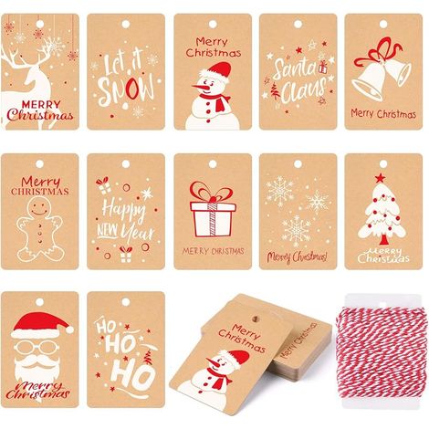 KUUQA 120 étiquettes cadeaux de Noël en papier kraft, avec cordelette de suspension, 12 styles différents (1/5)