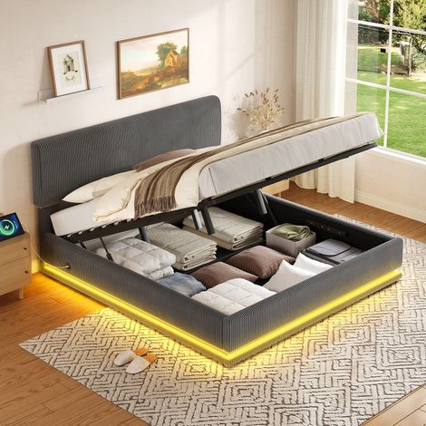 lit adulte rangement 160x200 LED USB C corduroy HAVRYA (1/5)