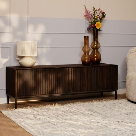 Meuble TV vintage bois brun 4 portes rainurées 165 cm CORTINA