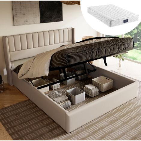 Bett 140x200 cm, Polsterbett mit Stauraum, beige, Leinen, Kopfteil mit vertikalen Nähten, Lattenrost hydraulisch (1/5)