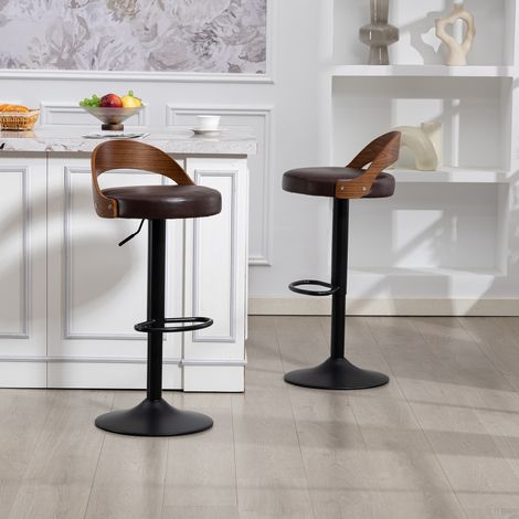 Set mit 2 Retro-Barhockern, runde Barstühle, 39 x 42 x 98 cm, Rückenlehne aus schwarzem Walnussholz, PU-Kissen, höhenverstellbar, 360° drehbar, für Küche, Restaurant, Bar, Büro, Braun