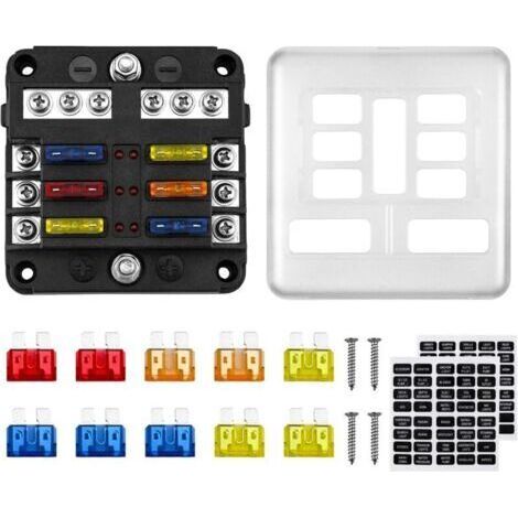 6-fach 12V Sicherungskasten ATO 32V 100A Sicherungshalter mit 10 Sicherungen, 6 LED-Anzeigen, Schutzabdeckung + 2 Aufklebern für Auto, Boot, Wohnmobil
