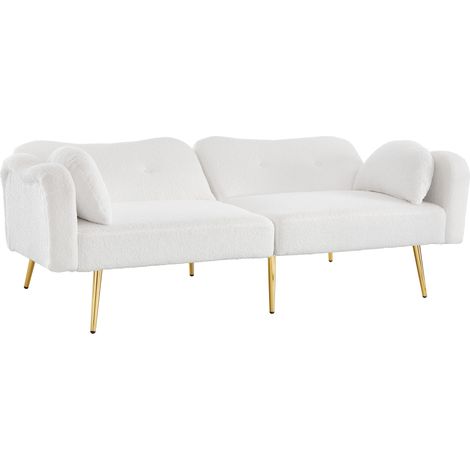 Divano letto 2 posti 175x79x82 cm bianco, tessuto effetto lana, piedi in metallo dorato - CHICFURN (1/5)