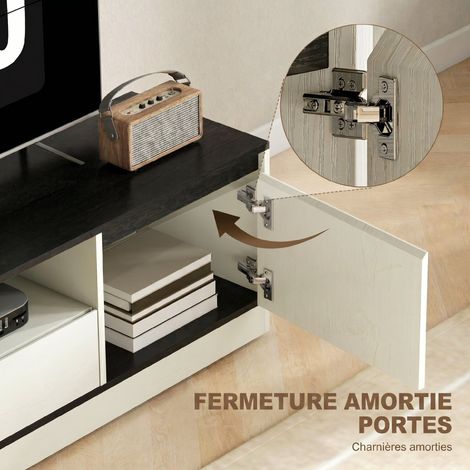Meuble TV pour Télévision jusqu'à 60" avec 2 Armoires, 1 Étagère Ouverte, 1 Tiroir, Moderne, 140x35x40cm, Noir et Blanc (1/5)