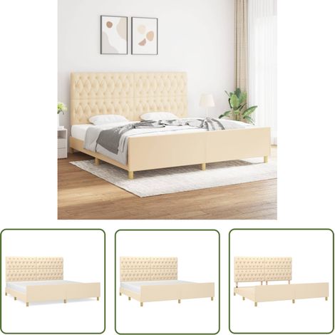 The Living Store Cadre de lit sans matelas et tête de lit crème 200x200 cm tissu - Lit Plateforme - Tête De Lit Ajustable - Cadre Lit Double - Literie - Meubles Chambre À Coucher (1/5)