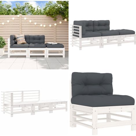 3-tlg. Garten-Lounge-Set mit Kissen Weiß Massivholz - Gartenmöbel - Loungesessel - Rattan Möbel - Holz Gartenmöbel - Esszimmergarnituren - Home & Living